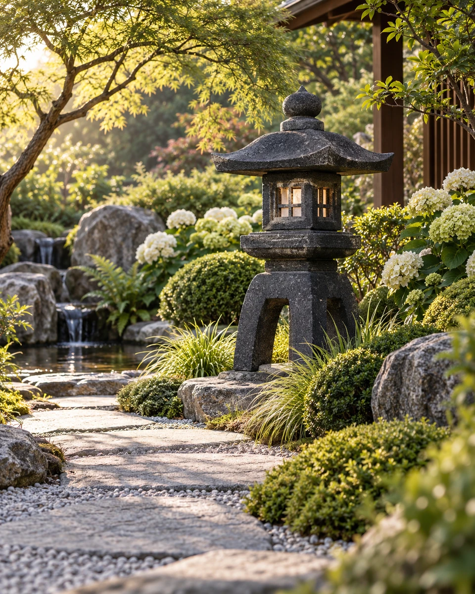 Japanischer Garten mit dunkler Steinlaterne, Hortensien und Natursteinweg
