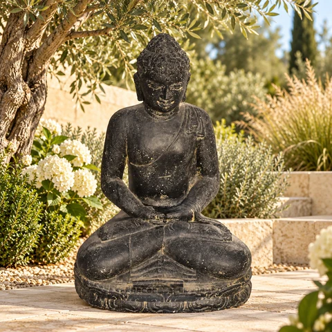Buddha-Figur Jalandhar auf einer hellen Natursteinterrasse im mediterranen Garten
