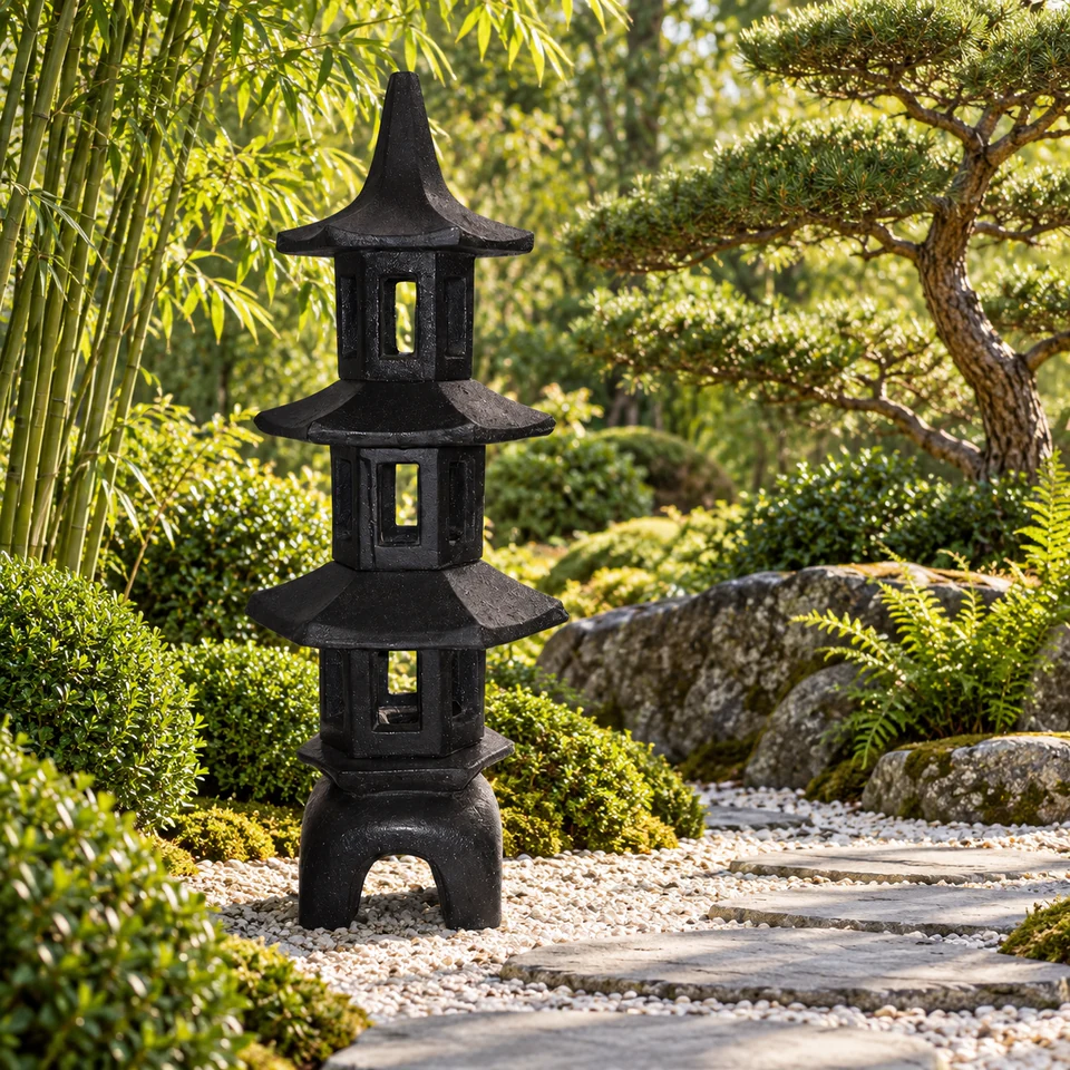 Dreistöckige Gartenlampe Ataxu an einem hellen Weg im japanisch inspirierten Garten