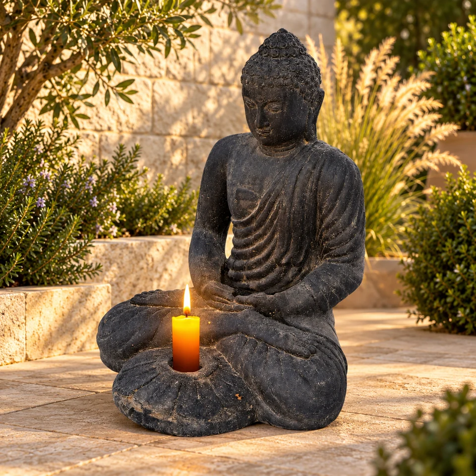 Buddha-Figur Belagavi mit Kerzenlicht auf einer geschützten Natursteinterrasse