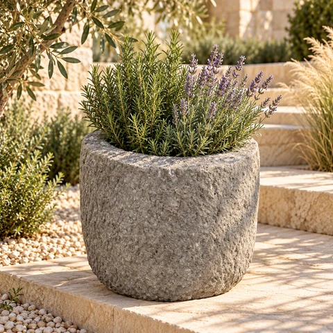 Naturstein-Pflanzgefäß Korba mit Lavendel und Rosmarin auf hellen Gartenstufen