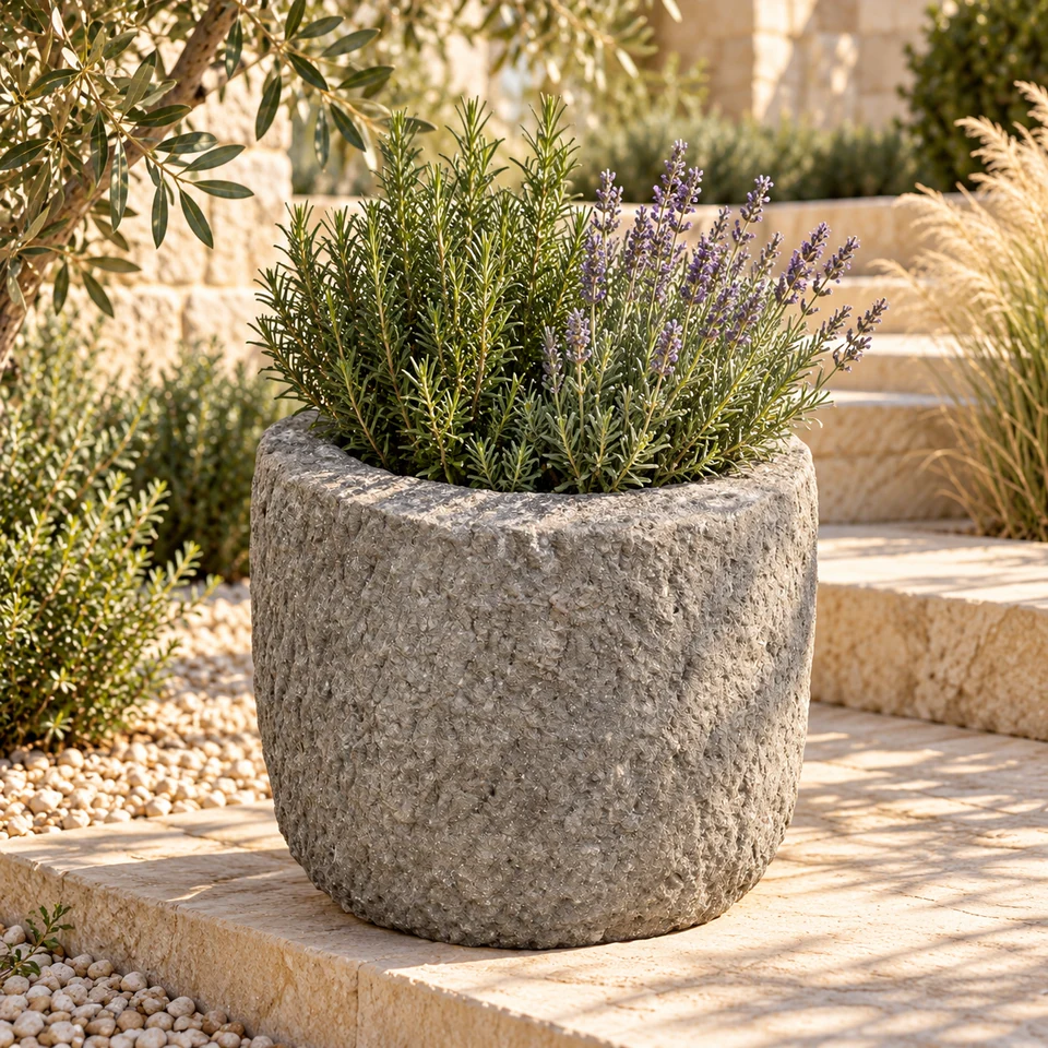 Naturstein-Pflanzgefäß Korba mit Lavendel und Rosmarin auf hellen Gartenstufen