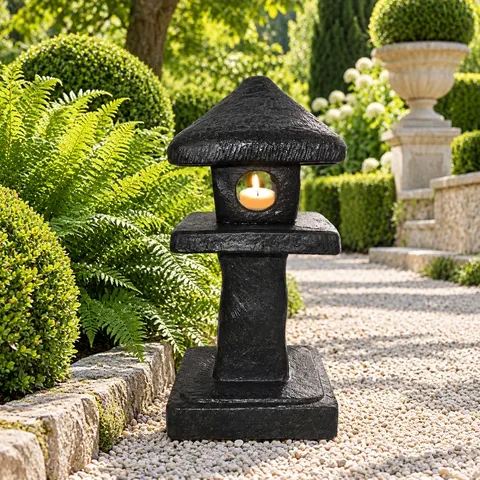Japanische Steinlaterne an einem begrünten Gartenweg
