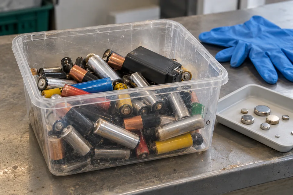 Gebrauchte Haushaltsbatterien und Knopfzellen in einem transparenten Sammelbehälter