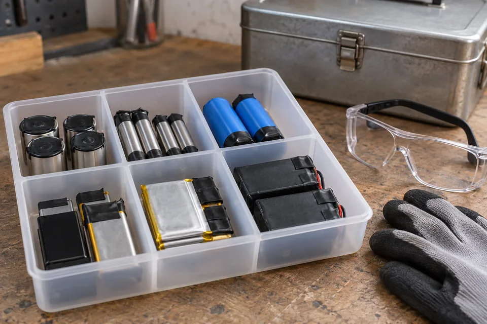 Kleine Lithium-Batterien mit isolierten Polen in einer nicht leitenden Sortierbox