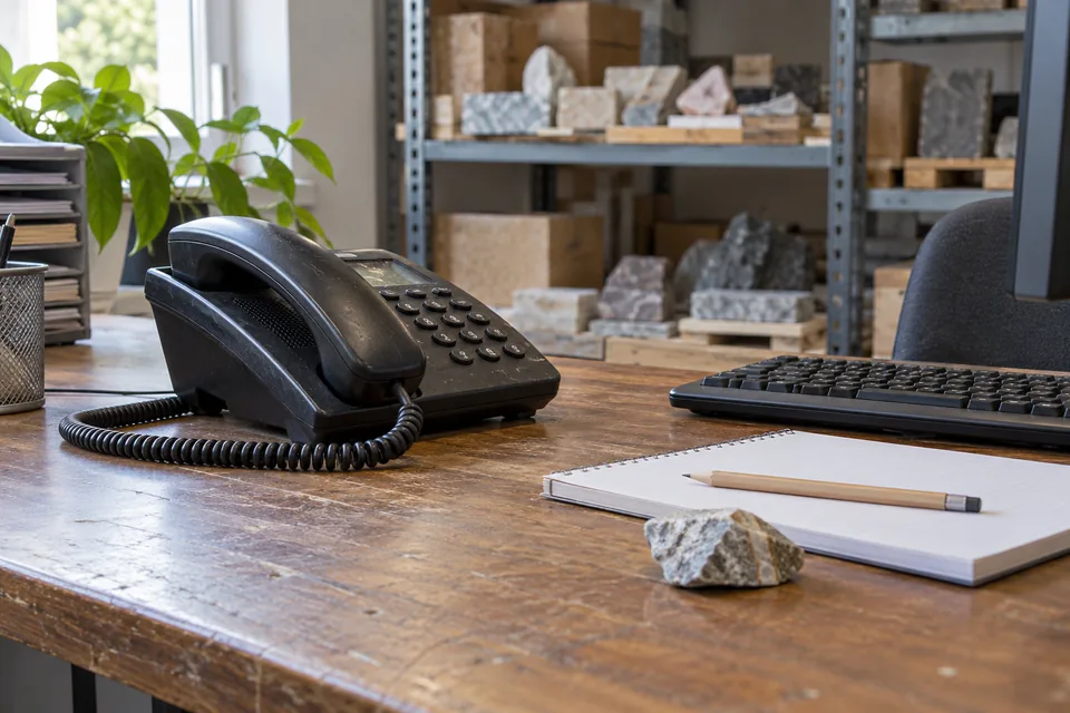 Kabelgebundenes Telefon, Notizblock und Steinprobe an einem Arbeitsplatz