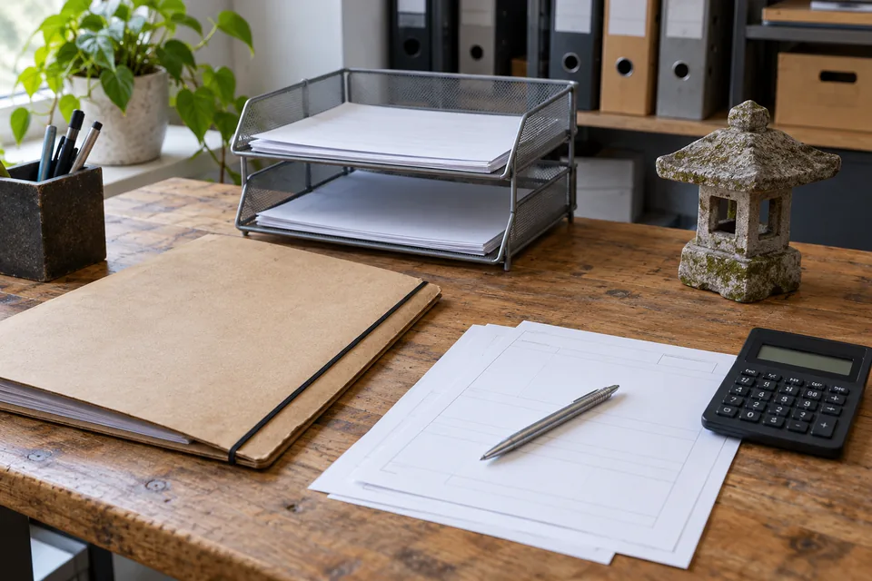 Dokumentenablage, geschlossene Aktenmappe und kleine Steinlaterne auf einem Bürotisch