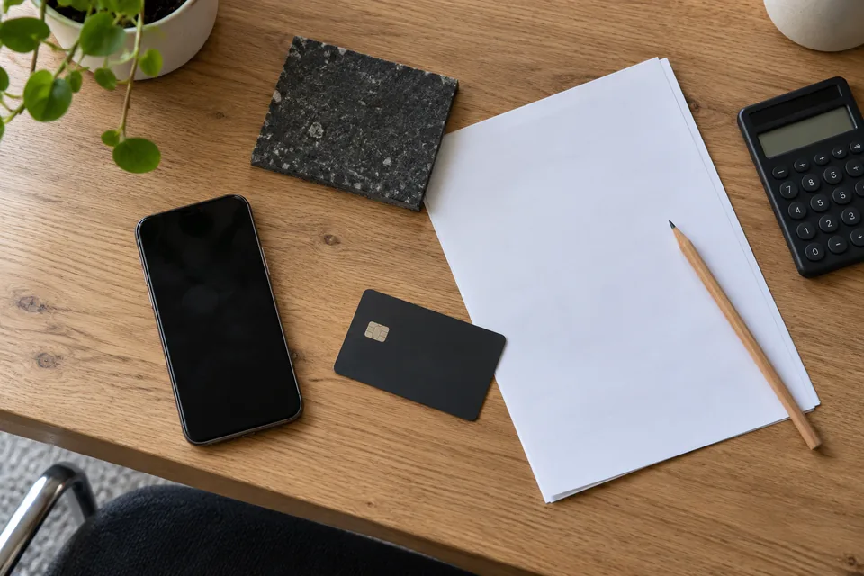 Unbeschriftete Zahlungskarte, Smartphone, Rechner und Bestellunterlagen auf einem Schreibtisch
