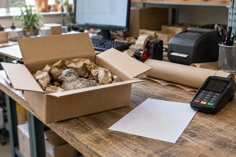 Verpackte kleine Steinfigur an einem Bestell- und Packarbeitsplatz
