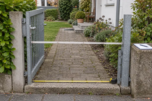 Mit Zollstock und Maßband vermessener Gartenzugang vor einer geplanten Lieferung