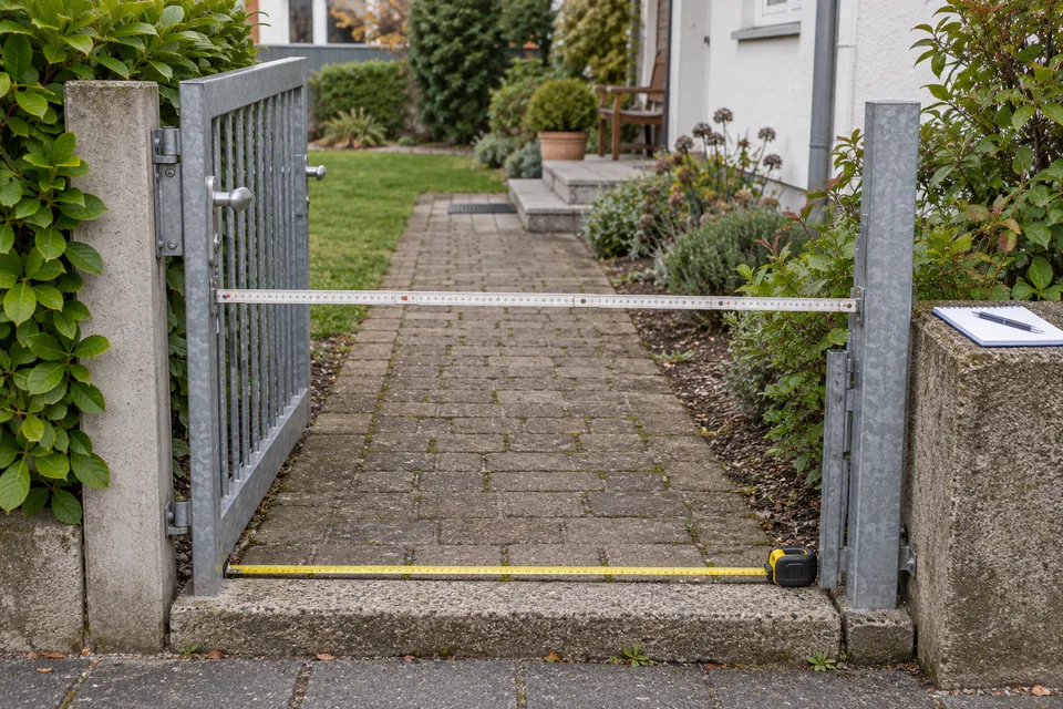 Mit Zollstock und Maßband vermessener Gartenzugang vor einer geplanten Lieferung