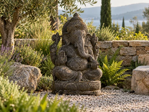 Ganesha-Steinfigur als ruhiger Blickpunkt in einem gestalteten Garten