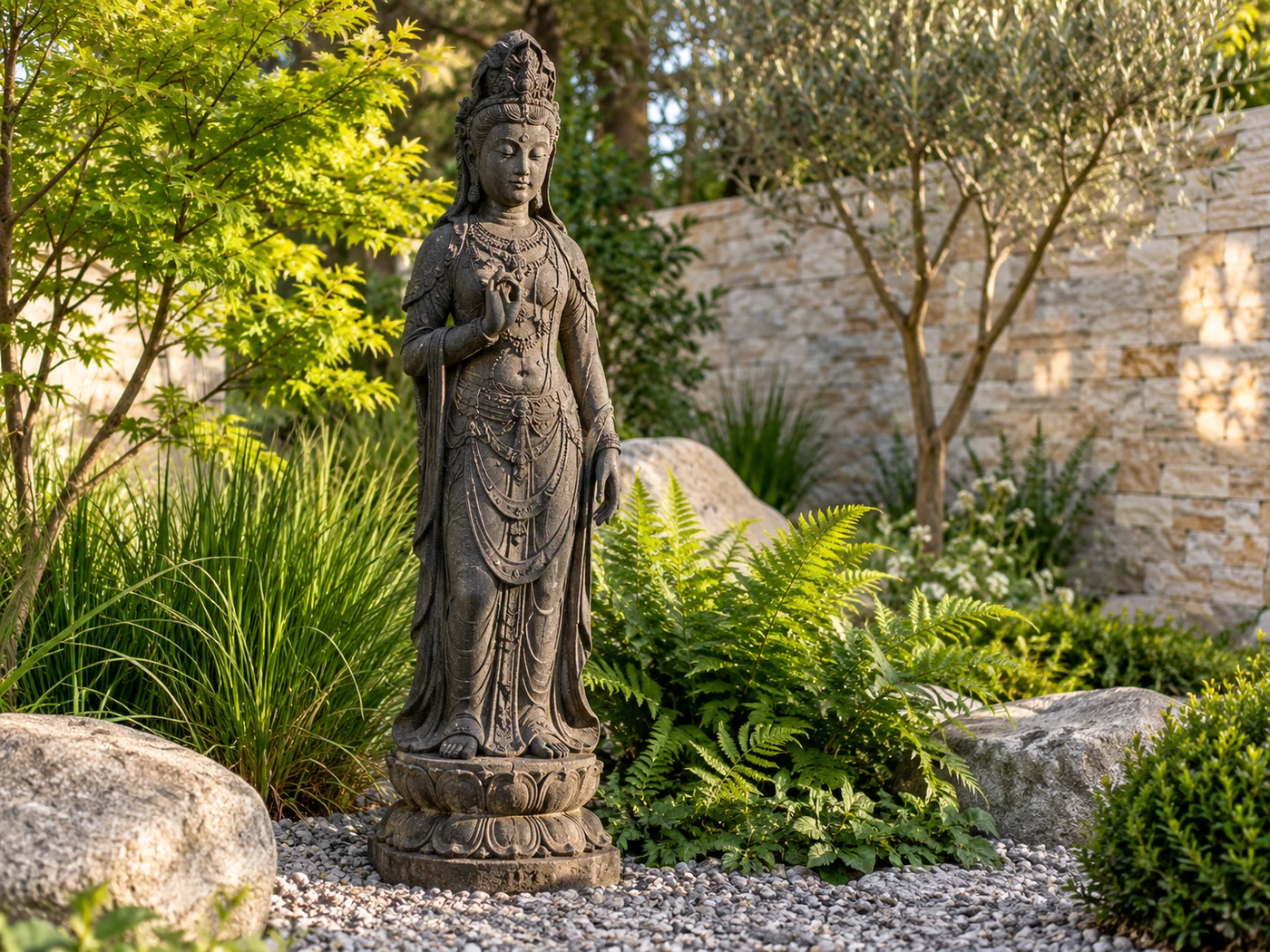 Asiatische Göttinnenfigur aus Stein in einer ruhigen Gartenbepflanzung