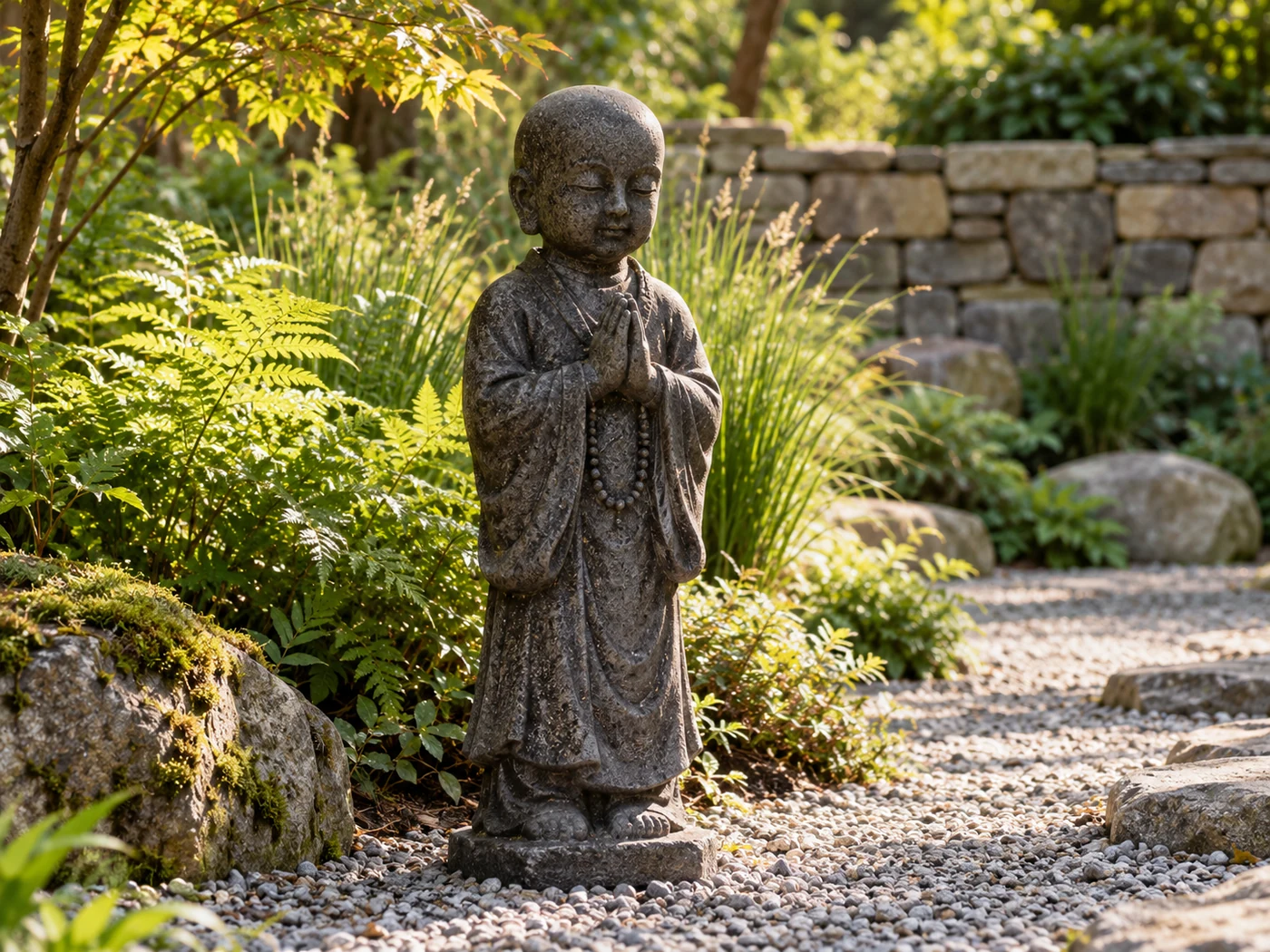 Shaolin-Mönch-Steinfigur an einem natürlich gestalteten Gartenweg