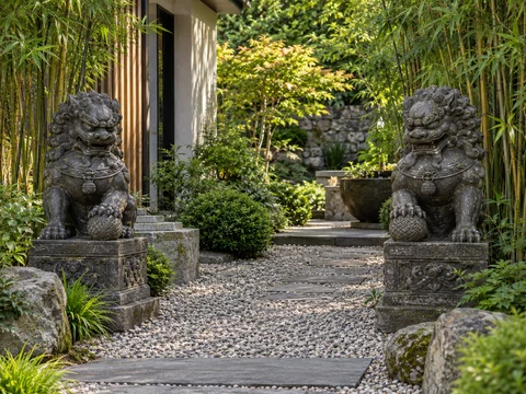 Zwei Tempelwächter aus Stein an einem gepflegten Gartenweg