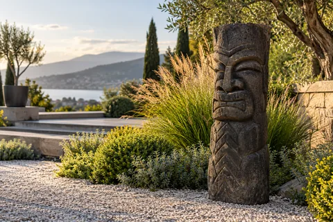 Tiki-Figur aus dunklem Stein in einer realistischen Gartenanlage