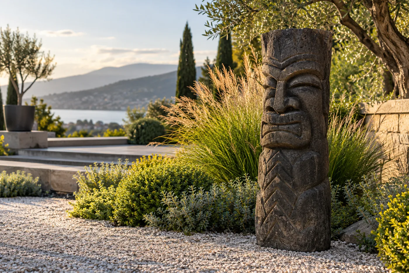Tiki-Figur aus dunklem Stein in einer realistischen Gartenanlage