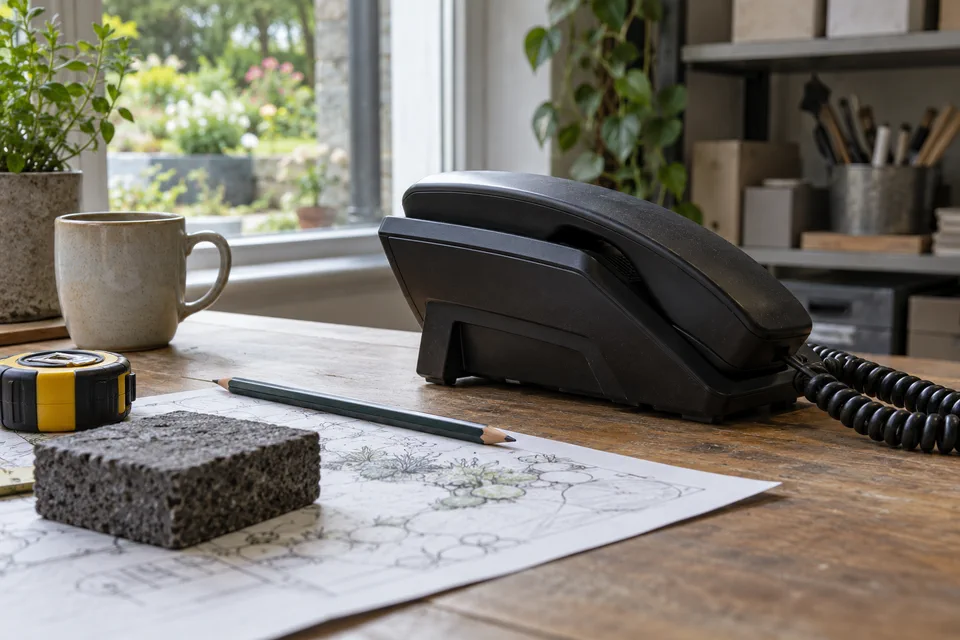 Kabelgebundenes Bürotelefon neben Gartenplan, Maßband und Steinprobe