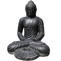 Buddha Figur Rajaw sitzend mit Teelichthalter Steinguss 42x4