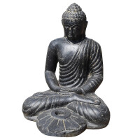 Buddha Figur Rajaw sitzend mit Teelichthalter Steinguss 42x4