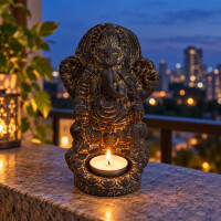 Ganesha Figur Teelichthalter Steinguss frostfest 13x11x15cm 