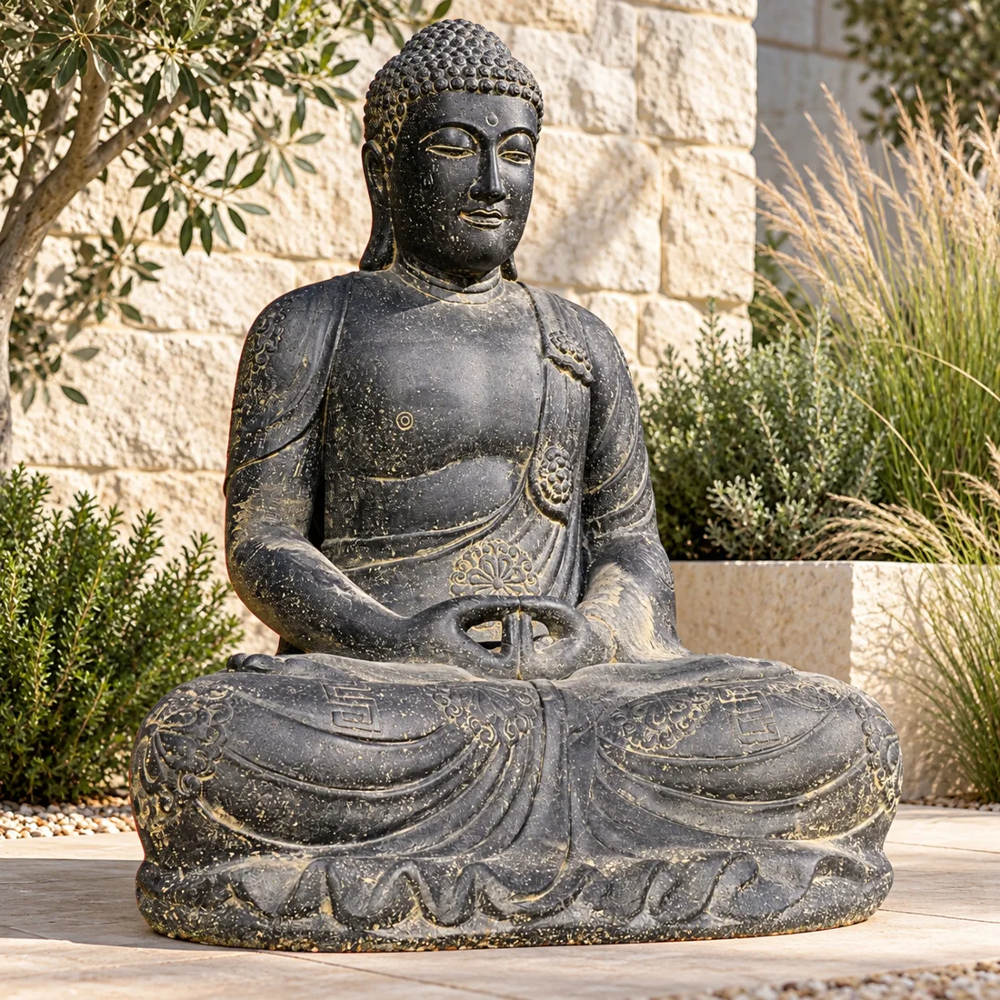 Große Buddha-Gartenfigur vor einer Natursteinmauer und Ziergräsern