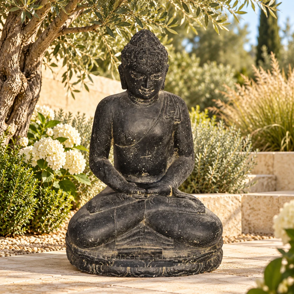 Buddha-Figur Jalandhar auf einer hellen Natursteinterrasse im mediterranen Garten