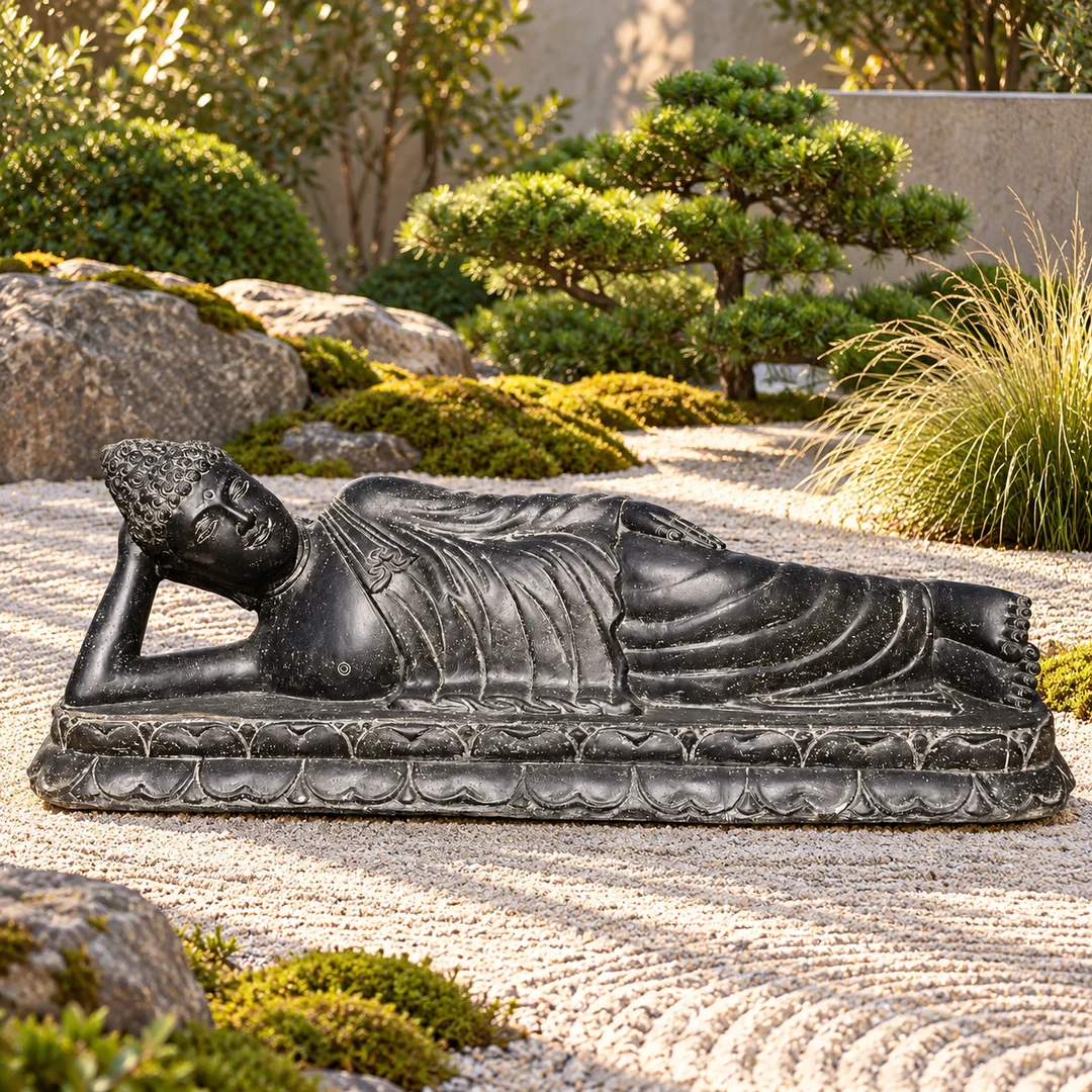 Liegende Buddha-Figur Bhilai in einem hochwertigen Zen-Garten mit Kies, Natursteinen und Formschnittgehölzen