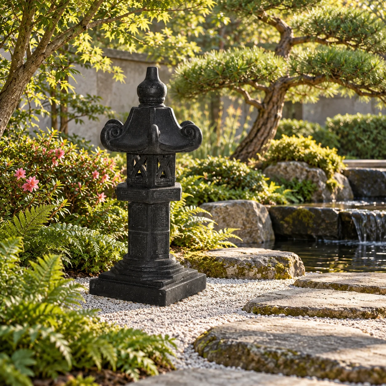 Japanische Gartenlampe Oraxi zwischen Farnen, Trittsteinen und einem ruhigen Wasserbecken