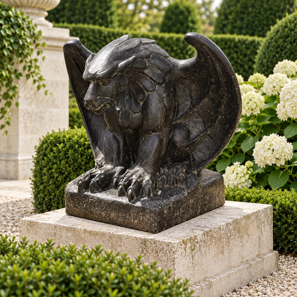 Geflügelte Löwenfigur Bikaner auf einem hellen Steinsockel im formalen Garten