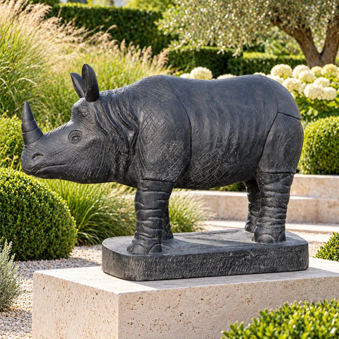 Nashorn als dunkle Gartenfigur zwischen Ziergräsern